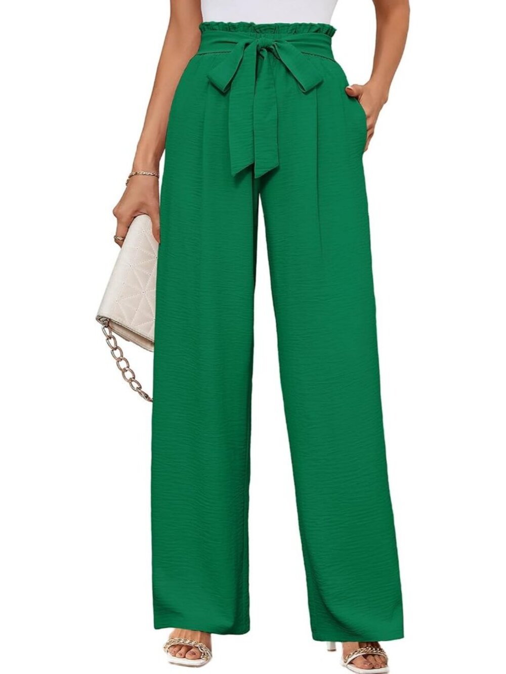 Women's Green Wide Leg Pant High Waisted Tie Knot Loose Comfy Casual Trouser